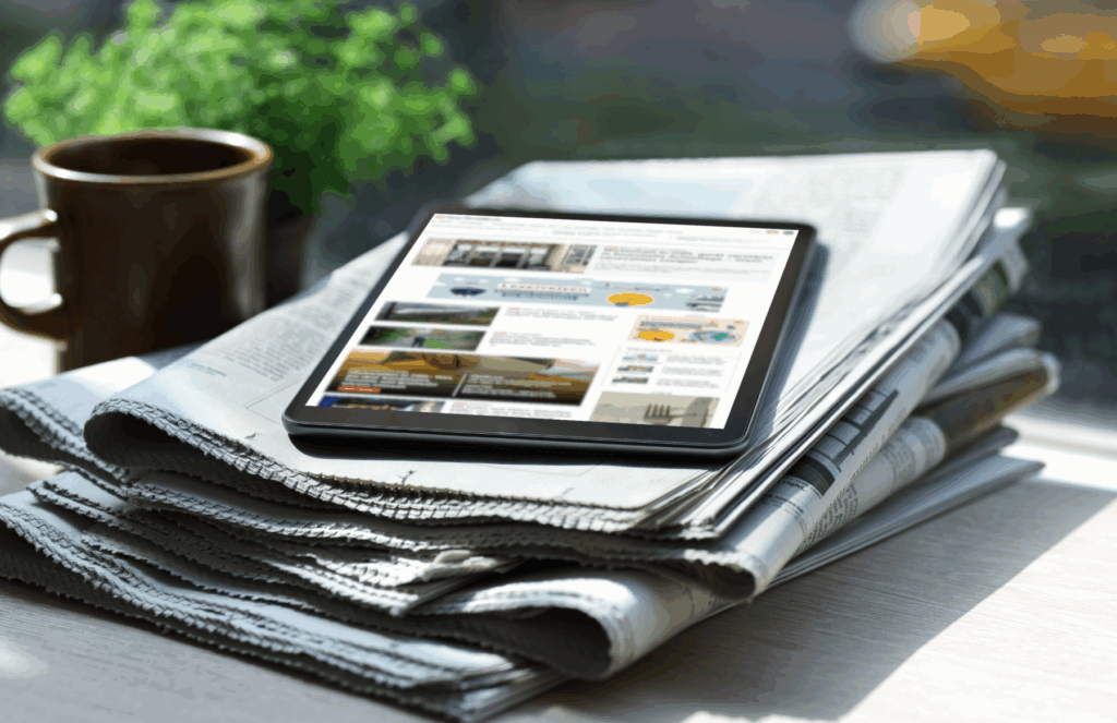 Ein Smart-Tablet liegt auf einem Stapel von Zeitungen