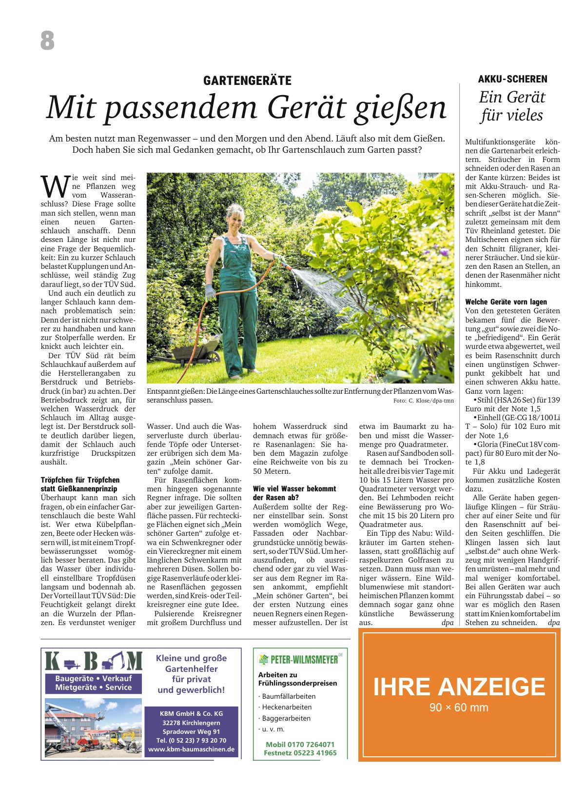 Beispielseite aus dem Magazin GARTEN mit Anzeige im Format 90 × 60 mm