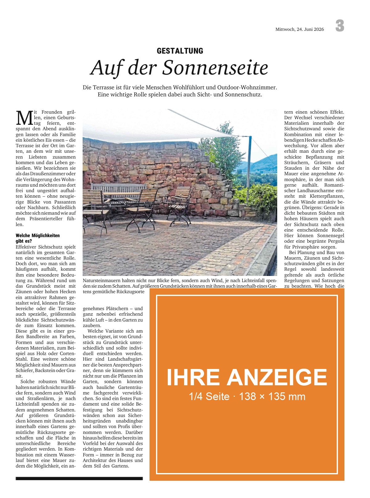 Beispielseite aus dem Magazin GARTEN mit Anzeige im Format 1/4 Seite · 138 × 135 mm