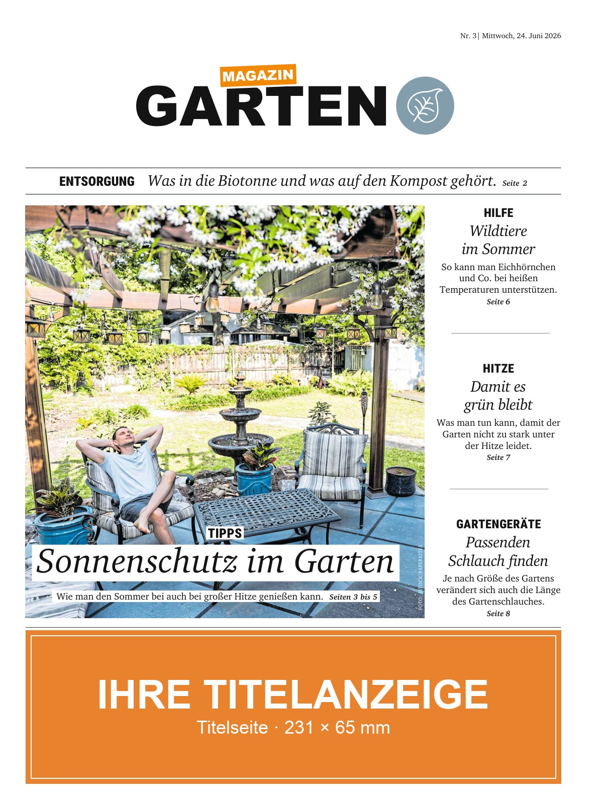 Beispielseite aus dem Magazin GARTEN mit Anzeige im Format Titelseite · 231 × 65 mm